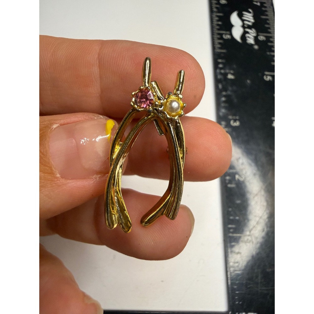 Vintage Gold Tone Wishbone Brooch Pink Rhinestone Faux Pearl Good Luck Pin